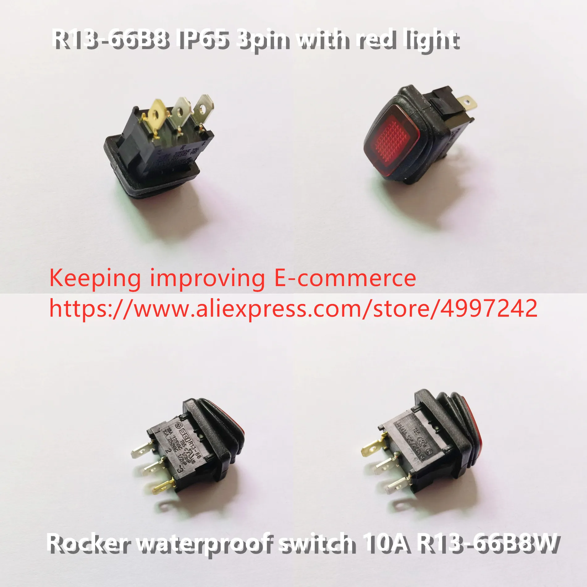 Original novo 100% R13-66B8 IP65 3pin luz vermelha rocker interruptor à prova d'água 10A R13-66B8W