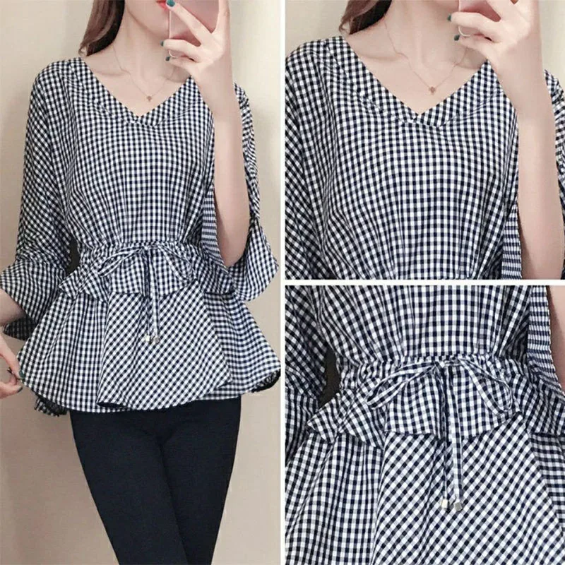 Summer New V-Neck Elegant Women Plaid Blouses Vintage Fashion Shirring Slim Waist Shirt Commuter Femme Three Quarter Sleeve Tops