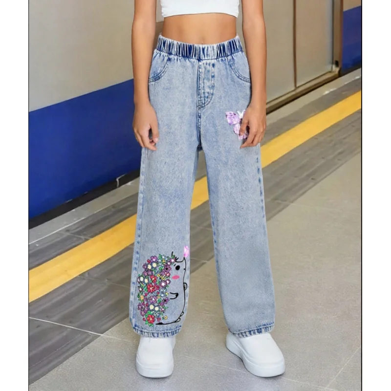 

2025 Trend Girls Cartoon Hedgehog Printed Loose Pants - Elastic Waist Children's Casual Wide Leg Imitation Denim Pants