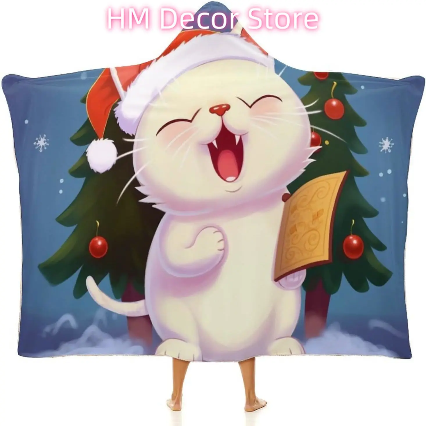 Wearable Blanket Hoodie Oversized Soft Warm Hooded Blanket Cute Cat Sing Christmas Carols Blanket Throw Wrap Poncho for Women