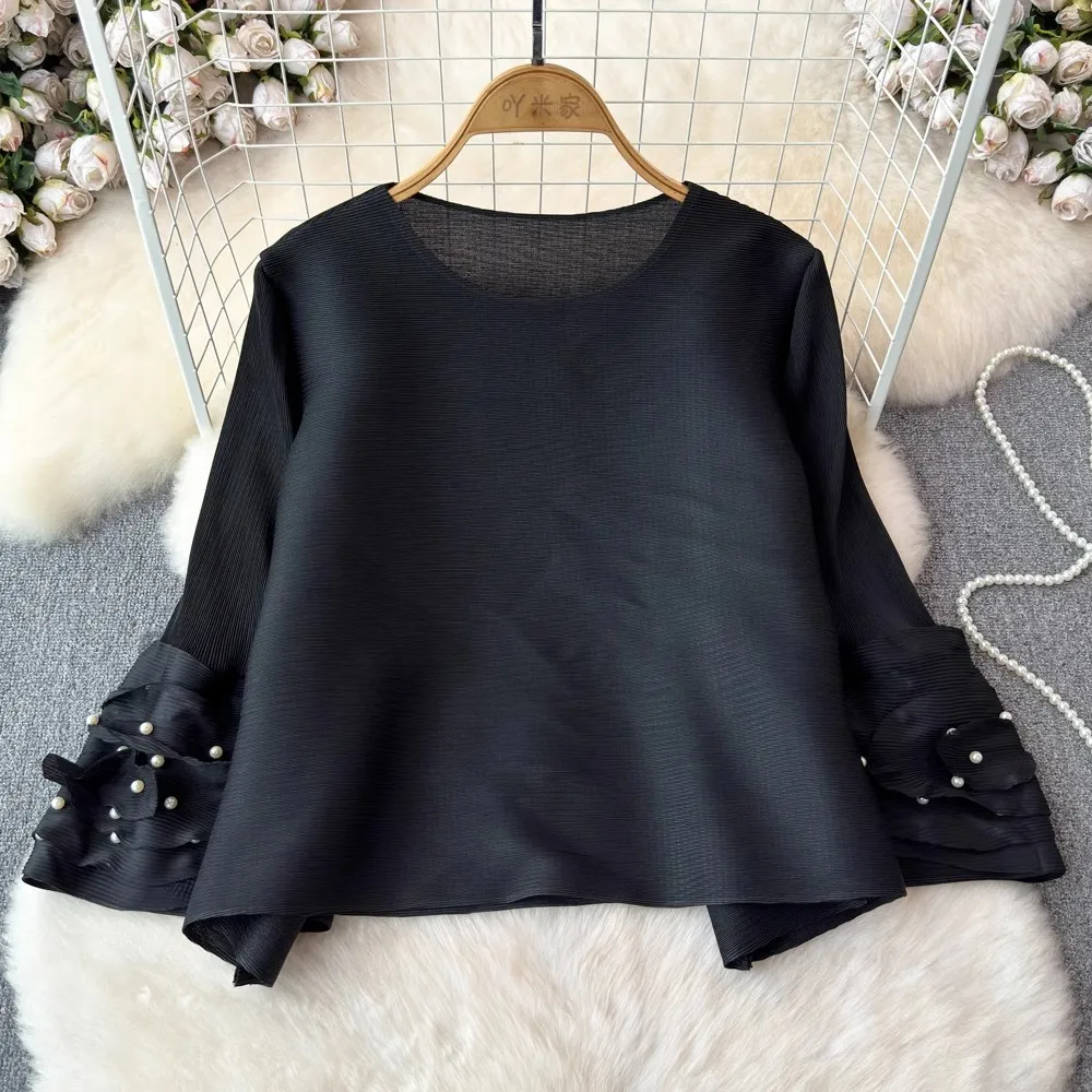 2024 New Miyake Summer Loose Women Casual O Neck Flare Sleeve Beading Tshirt Blouse Fashion Pleated Tops