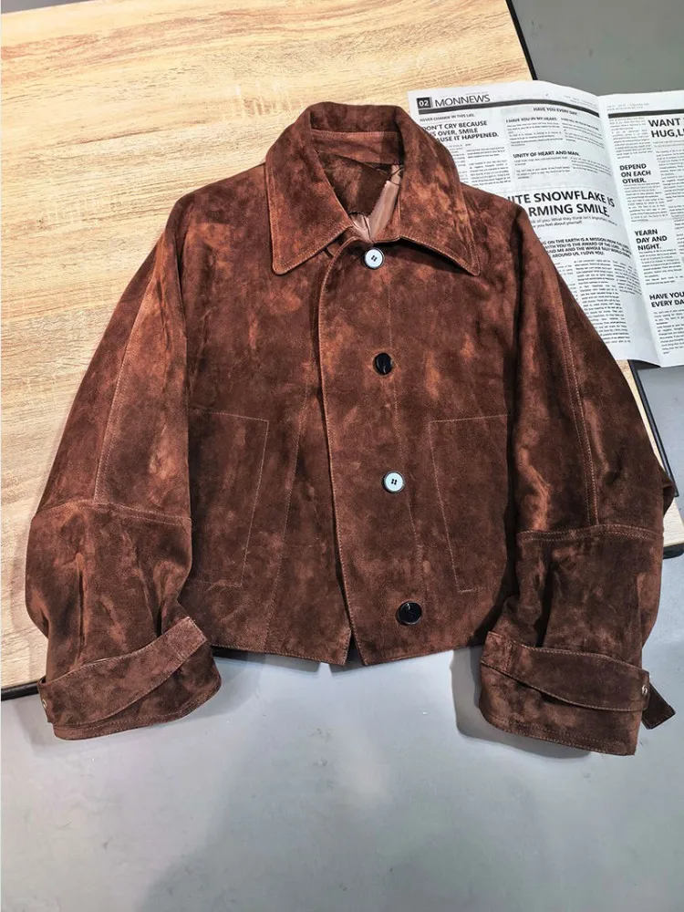 أزياء المرأة الجديدة فضفاضة الجلد المدبوغ سترة جلدية حقيقية رفض طوق واحدة الصدر جلد الغنم تصميم قصير معطف الإناث الخريف