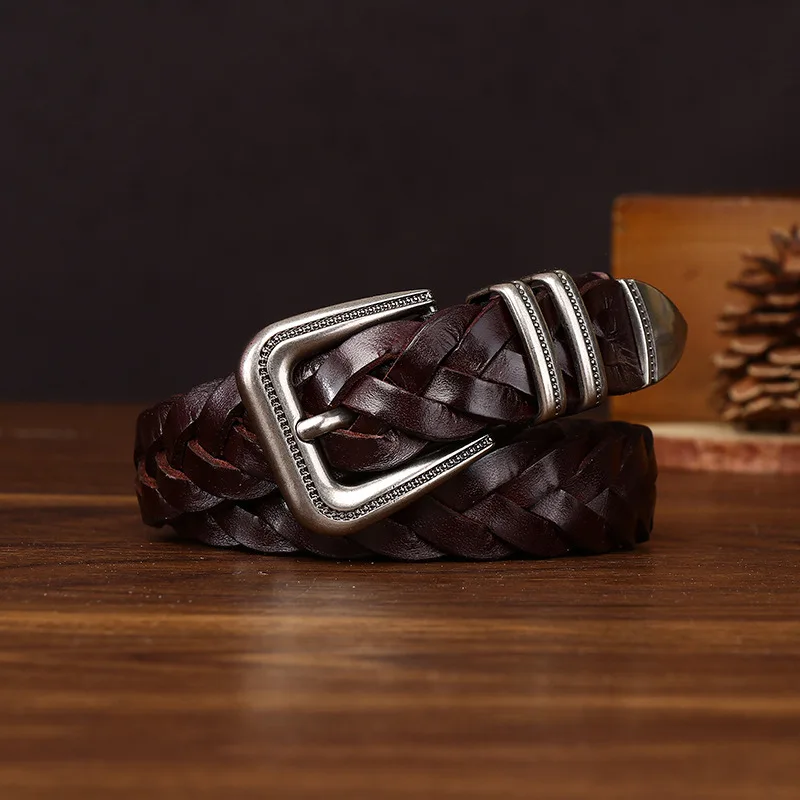 

2.4cm Handmade Braided Leather Belt for Women Genuine Top Grain Cowhide Woven Pant Belt y2k Accessories Belt Cinturones De Mujer