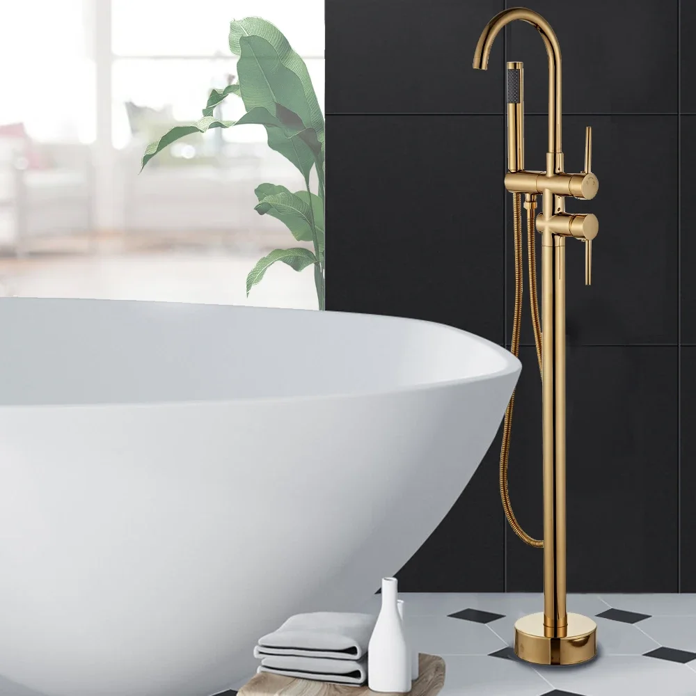 Yundoom Contemporary Copper Deck Floor Mounted Gold Brass Freestanding Classic Dual Handle Bathtub Shower Mixer Tub Faucet Set