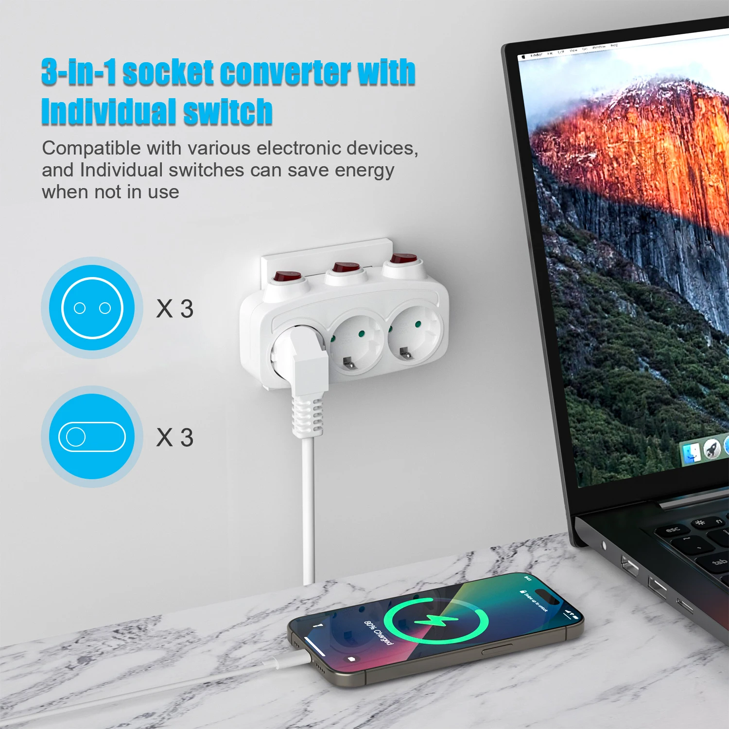 Double Plug Socket Adapter Schuko EU Conversion Plug With Switch ON/OFF German Standard Multiple Socket 3680W Extension Outlet