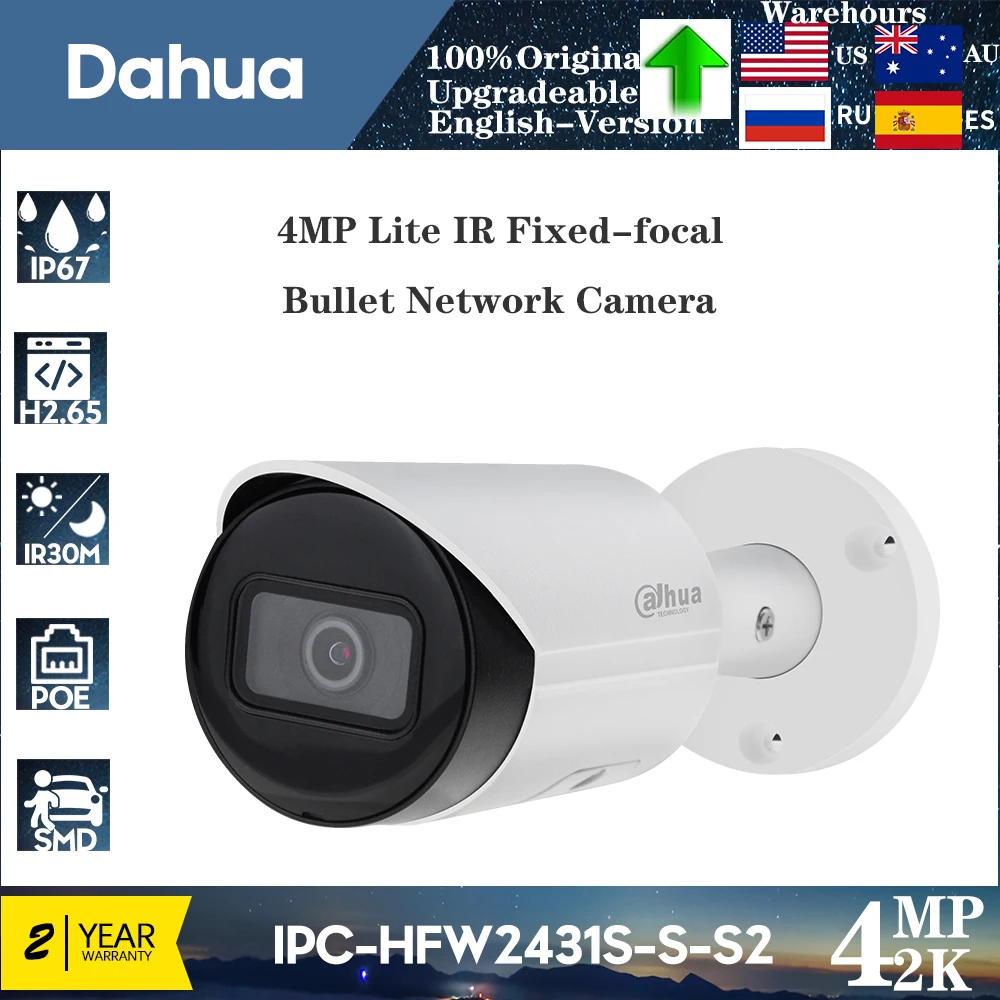 

Original Dahua 4MP Lite IR Fixed-focal Bullet Network Camera IPC-HFW2431S-S-S2 Starlight Security POE SD Card Slot