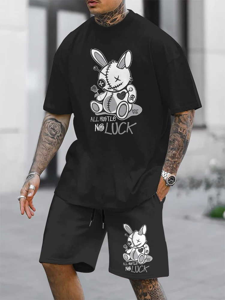 2024 Lucky Rabbit Print Short Sleeve T-shirt And Shorts 2 / Summer Men's Fashion Street Short Sleeve Suit Loose And Oversized