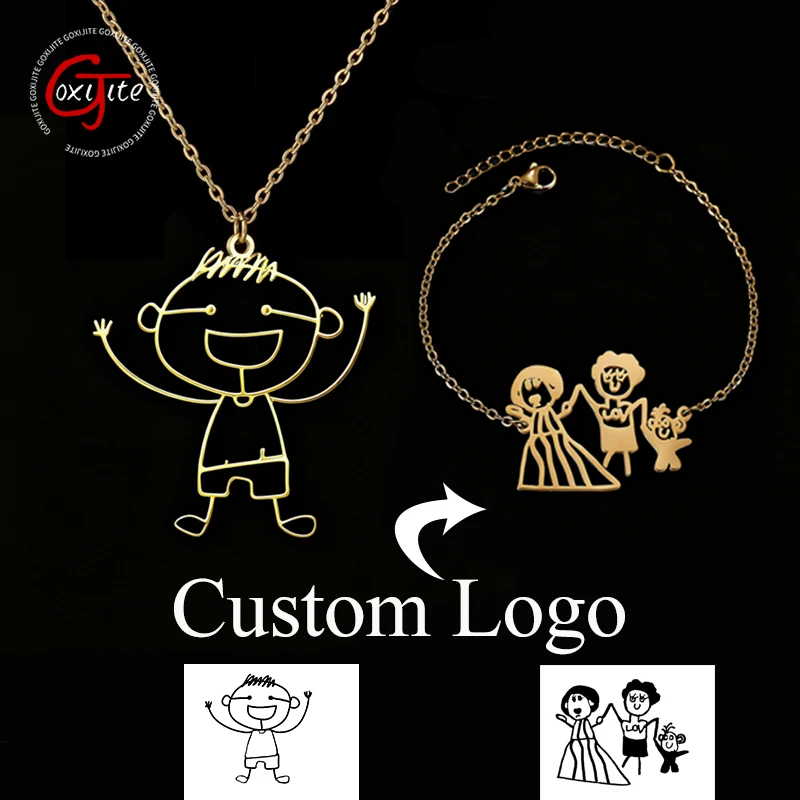 Goxijite Customized Children's Drawing Necklace Set For Kids Stainless Steel Personalized Logo Artwork Bracelet Women Men Gift
