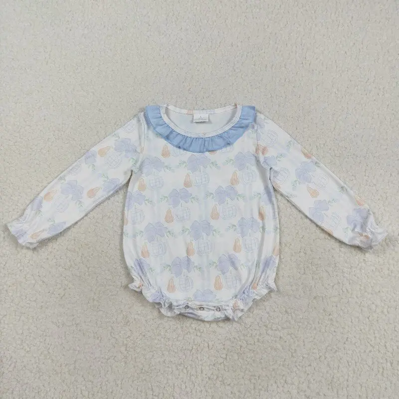 X9.29 Winter Girls Romper Wholesale Embroidered Bow Pattern Blue Striped Long Sleeve Bodysuit
