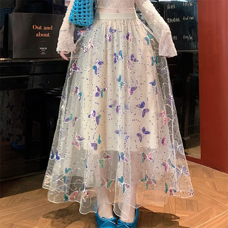 Sequin Butterfly Long Tulle Skirt for Women Spring Summer Fashion Design A Line High Waist Maxi Mesh Princess Party Skirt