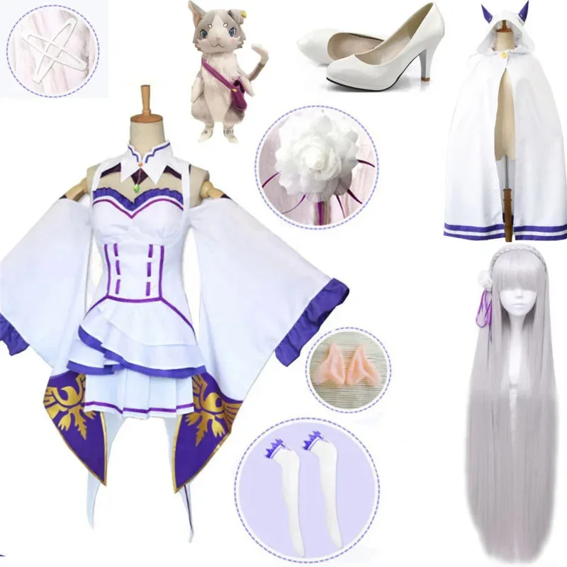 Re Zero Kara Hajimeru Isekai Seikai Emilia pelucas disfraces Cosplay vestido de mujer con tocado para fiesta de Halloween NM25