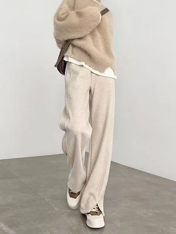 

plus Size Wide Leg Pants Women's Spring Summer Loose Slit Woolen Straight Cut Hip Concealing Long Trousers Commute Sle High...