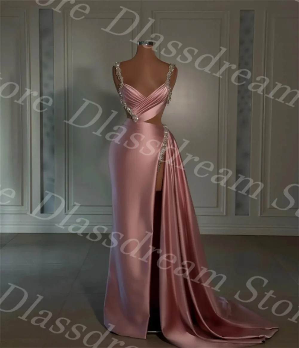 Sweetheart Pink Evening Gown Beaded Straps V Neck Party Prom Dresses Ruffle Sweep Train Split Formal Long Dress فساتين سهرة