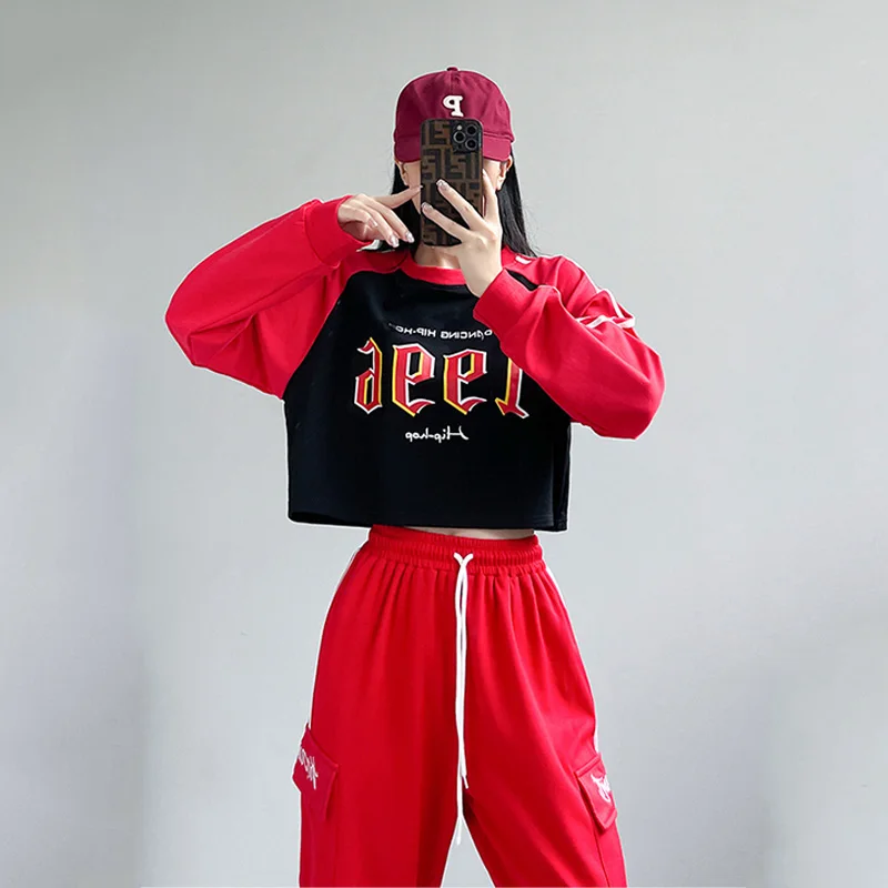 Street Dance Hip-hop Dance Clothes Women Pant Suit Tracksuit Wear Round Neck Color Blocking Korean Group Costume Dance Wear