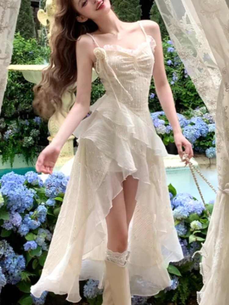 

Vintage Pure Color Ruffles Beach Dress Women Sleeveless Irregular Y2k One Piece Party Dresses Female Korea Fashion Fairy Clothes