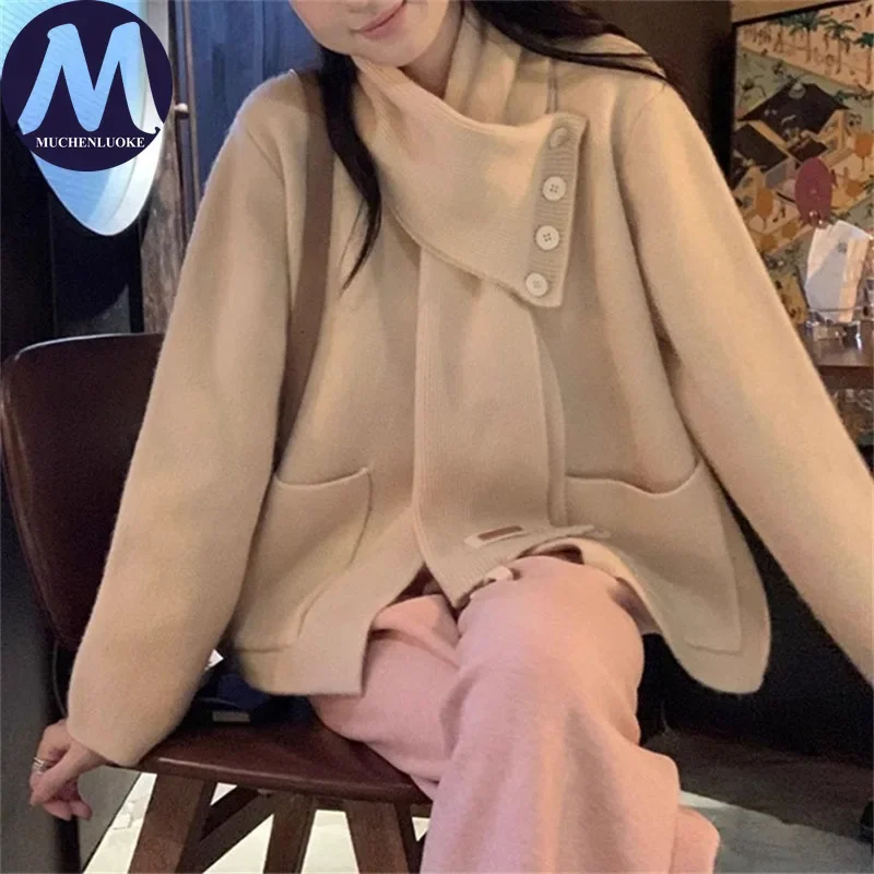 

Женские осенне-зимние кардиганы со съемным шарфом, вязаный свитер, пальто, корейский модный повседневный свободный толстый теплый плащ