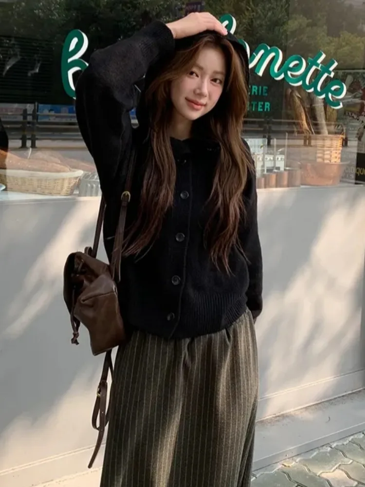 Laid-ba Sle вязаный кардиган с капюшоном на одной пуговице, женский осенний свитер 2023, новый однотонный топ маленького размера