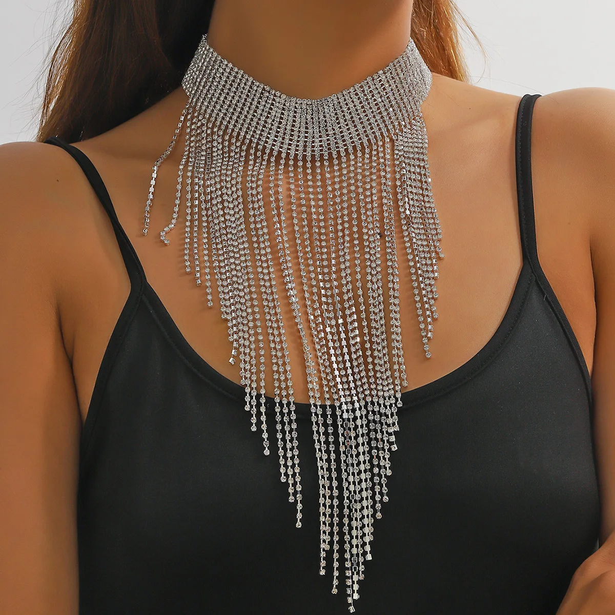 High-end super flash full diamond multi-layer fringed necklace neck chain women's niche design fashionable luxury rhinestone nec