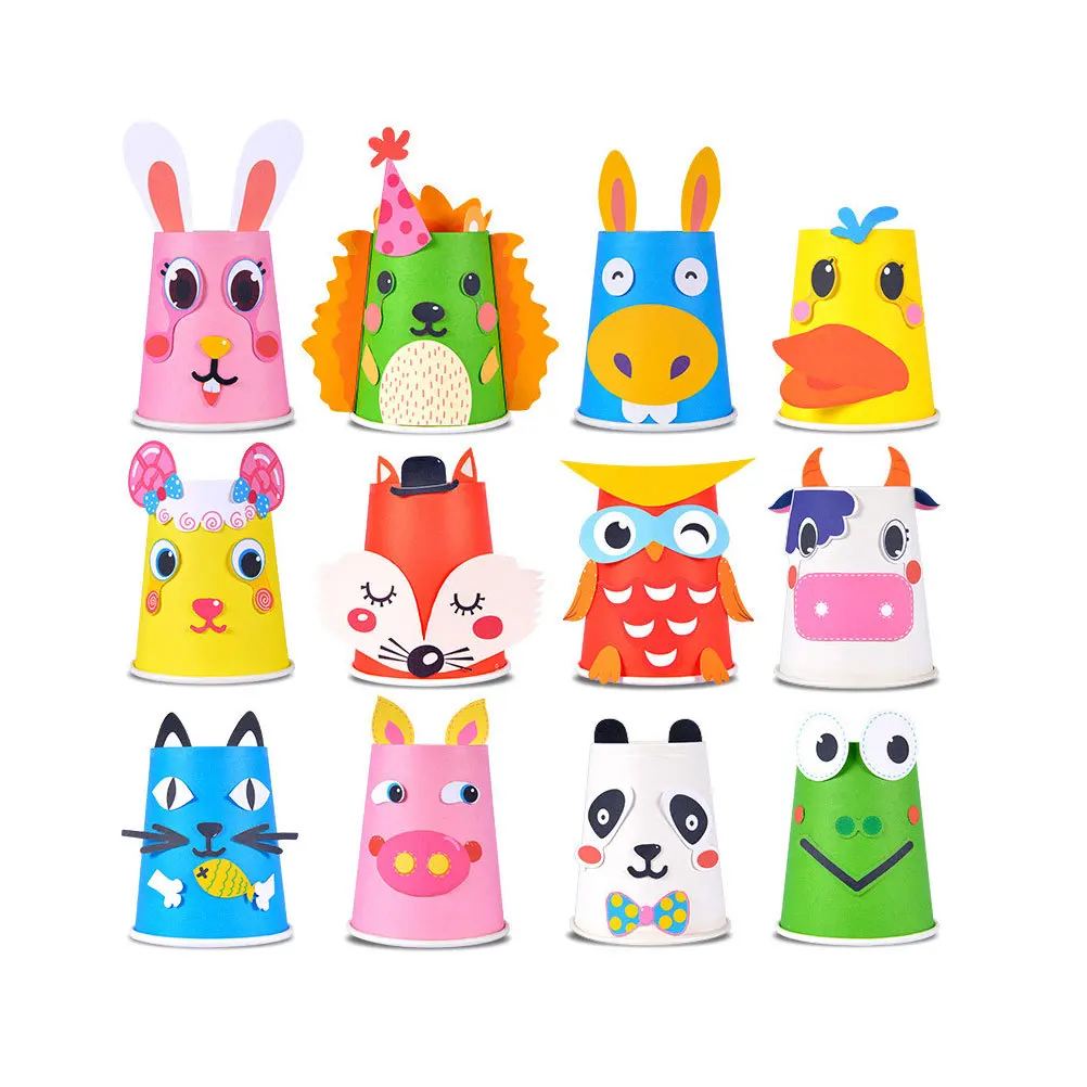 Kit de gobelets en papier pour bricolage, 1 ensemble de gobelets, 10 planches de papier, autocollants de dessin animé, carte de référence à Double bande, autocollant sûr et Durable pour gobelets en papier