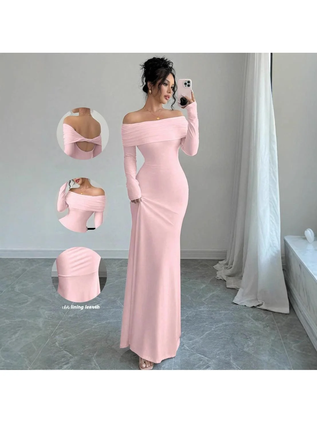 

Ele Long Sve Bodycon Evening Dr Faionable oulder Bared Gown Polyester Fabric Midi Waist for Women's Special Occ...