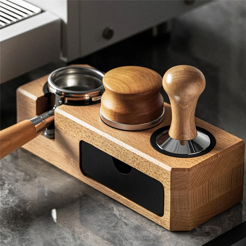 

WORTHOWN-Espresso Tamping Station With Wooden Holder, Fits 51Mm-58Mm Portafilters, Includes 3 Holes For Tampers And Levelers