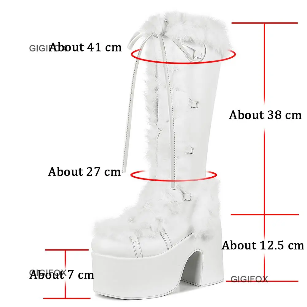 GIGIFOX Platform Furry Boots Chunky High Heeled Winter Autumn Knee High Boots Women Faux Fur Zip Gothic Style Punk Shoes Ladies