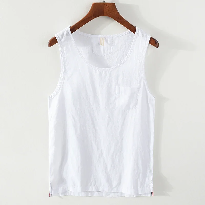 100% Linen Sleeveless Tank Top for Men Summer Solid Breathable Vest Tees Casual Man Vests