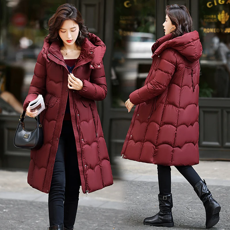 Jaket Wanita Panjang Sedang Berbahan Katun Tebal dengan Model Pelangsing dan Topi yang Dapat Dilepas, Pakaian Luar Musim Dingin dengan Ritsleting Panjang