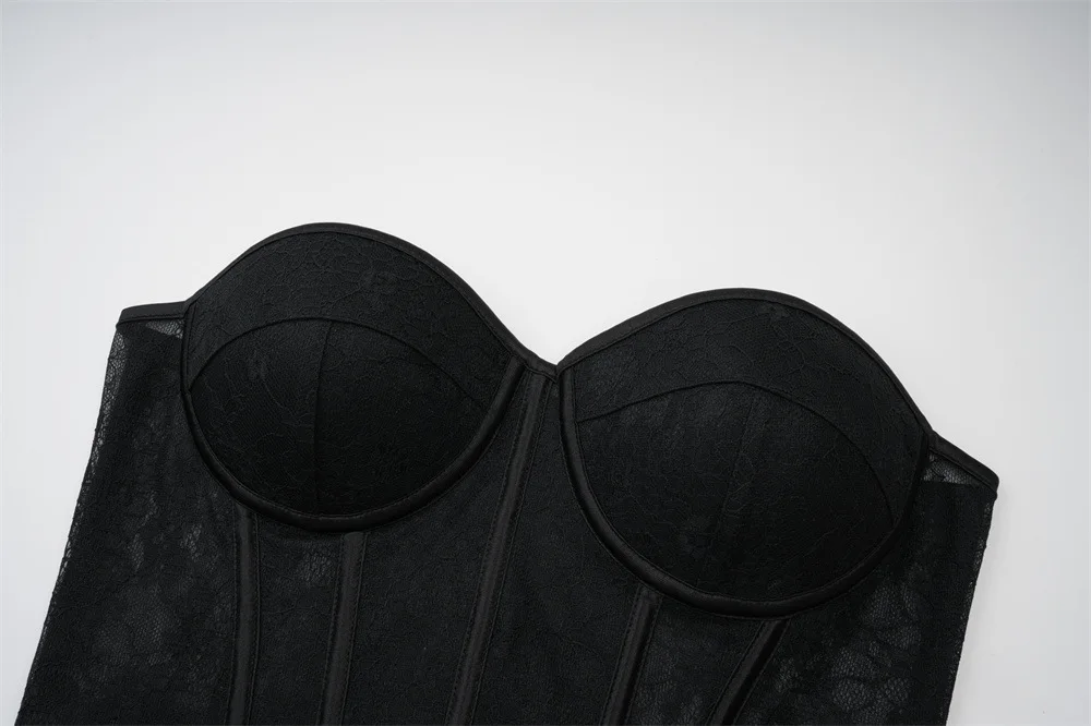 Damen Overbust-Korsett-Top Schwarz mit Blumenmuster Spitzen-Bustier Eingebaute Formkörbchen Rückenverschluss Stahlkorsett Vintage Shapewear Korsett – Detail 5