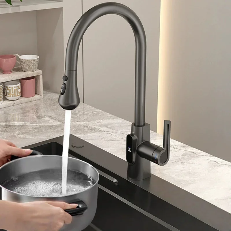 Digital Black Pull Out Kitchen Faucet Gray Pull Out Sink Faucet Tap 360 degree rotation torneira cozinha mixer taps Kitchen Tap