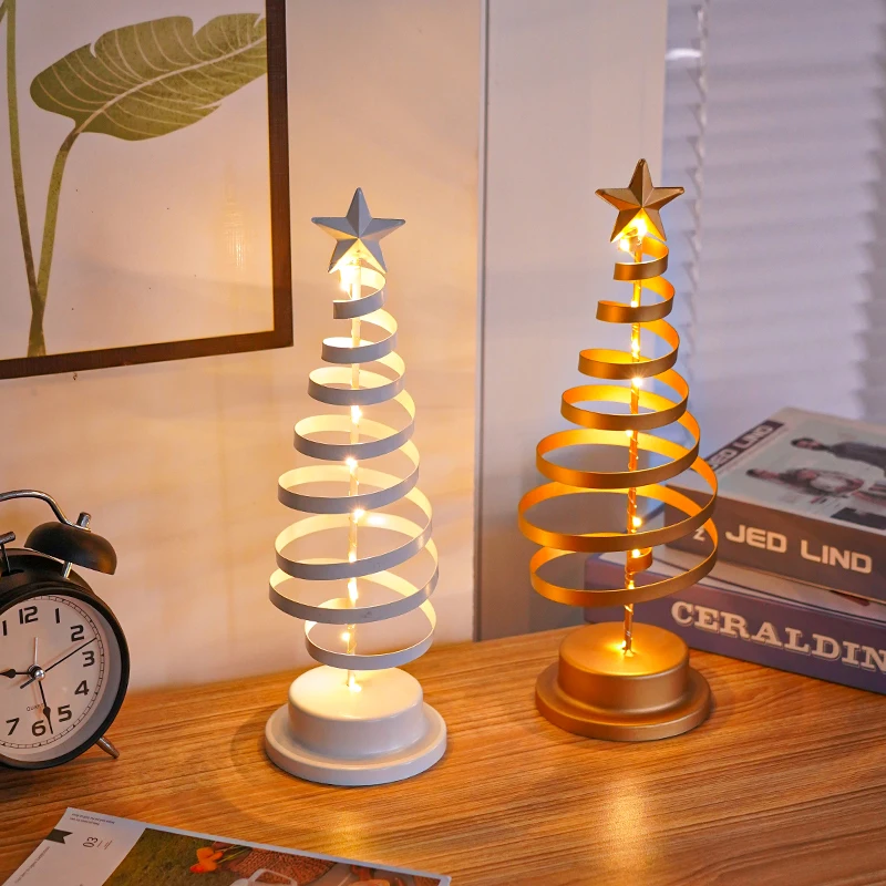 LED Christmas Tree Spiral Light Decoration Modeling Ornament Wrought Iron Desk Lamp Christmas Atmosphere Room Night Light Decor