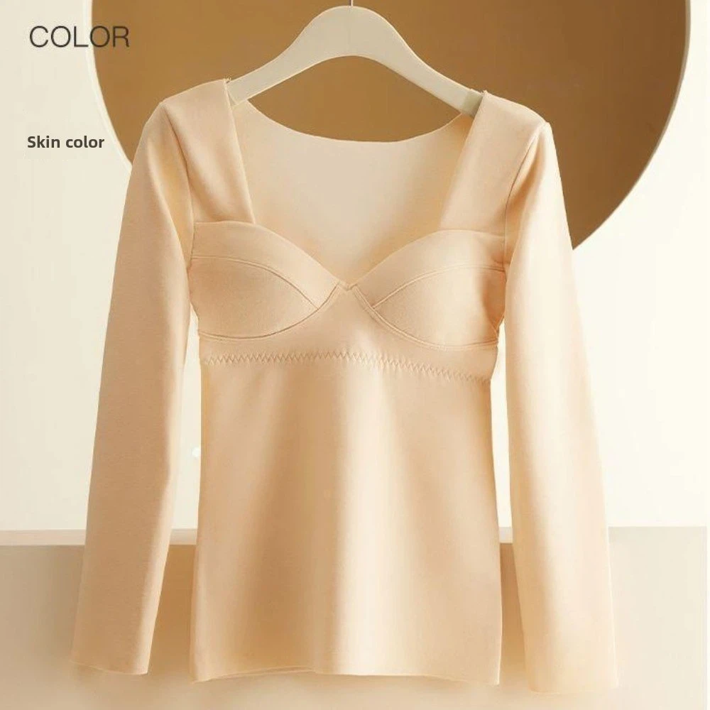 V Neck Women Thermal Clothes Solid Color Velvet Fleece Thermal Underwear Invisible Feel Heating Warmth Long Tops Autumn/Winter