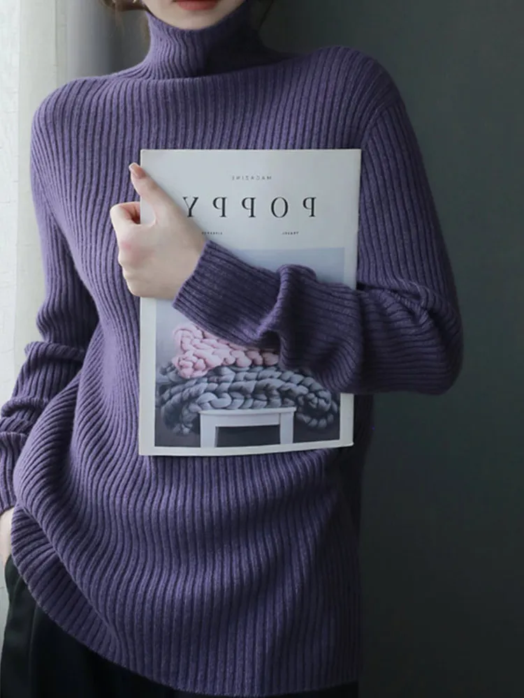 

Sli High Collar Wool Knit Long Sve Women's Base irt Slimming Overhead Lazy Sle Commute Top Anti-Aging