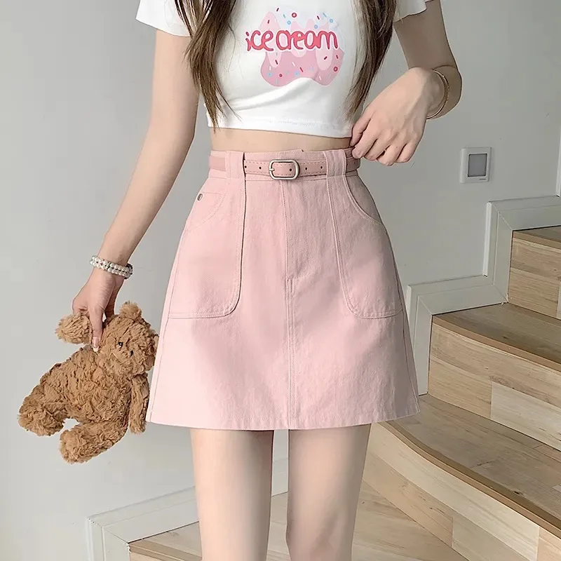 Women's Pink High Waisted Denim Mini Skirt with Belt - Casual A-Line Cargo Skirt with Pockets