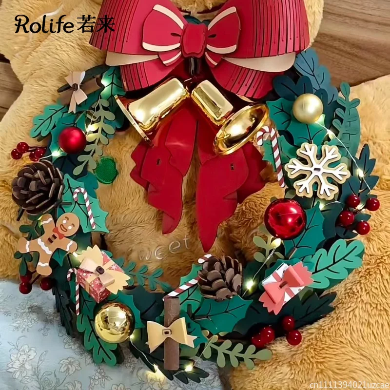 ROLIFE Christmas Tree & Wreath DIY Wooden Building Blocks Set Music Box & LED Light Holiday Desktop & Door Decor Christmas Gift