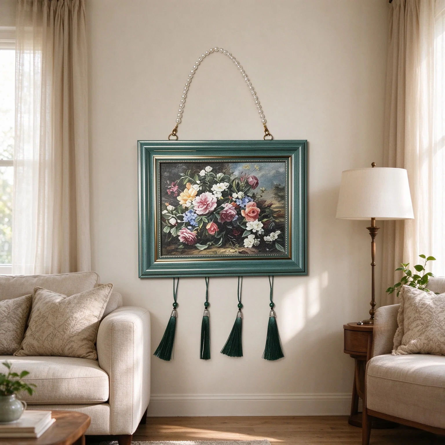 Vintage Green Wall Hanging Picture Frame with Pearl Chain & Tassel Wall‑Mounted Decorative Frame Retro Home Wall Art Ornament