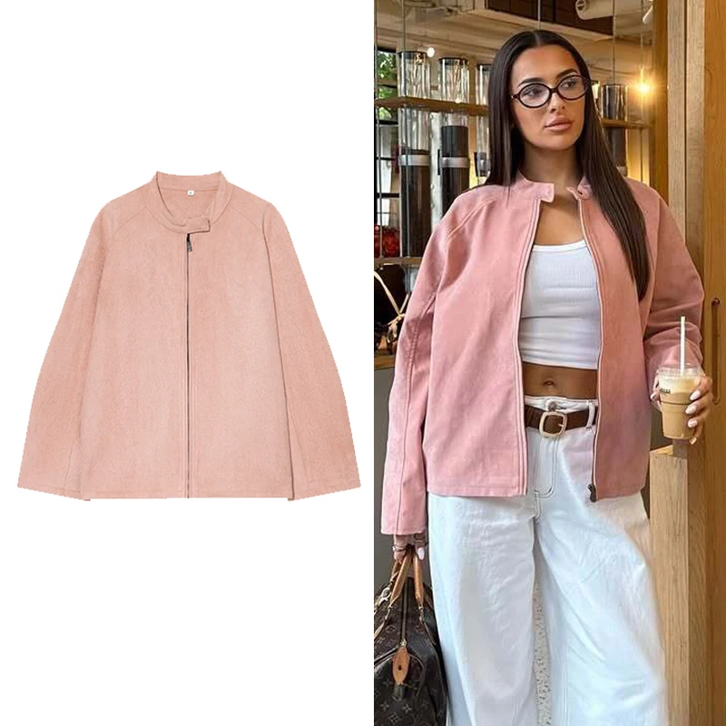 

Women Suede Jacket 2025 Autumn Winter Stand Collar Long Sleeve Women's Coat Zipper Loose Female Casual New Outerwear