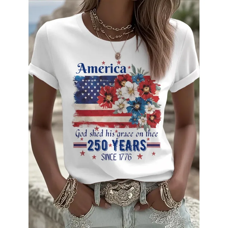 250 Years of Freedom 1776 Festival Flower Women's  Print T-Shirts Summer O Neck Tops Short Sleeve Casual Tees  Us Flag