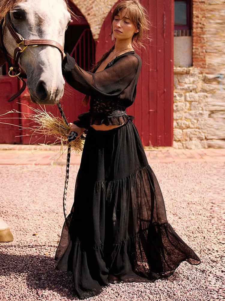 Fantoye-Conjunto de falda de gasa transparente para mujer, retales de encaje, cuello en V, manga acampanada, cárdigan con volantes, falda larga con cordón, traje a juego