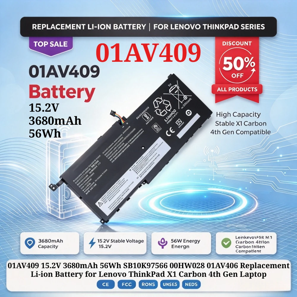 01AV409 15.2V 3680mAh 56Wh SB10K97566 00HW028 01AV406 Replacement Li-ion Battery for Lenovo ThinkPad X1 Carbon 4th Gen Laptop