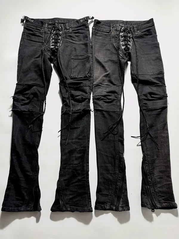 FANTASTION If6Was9 Vision Jeans with Washed Lace-Up Placket Jeans with Adjustable Zip Hem Micro-Flared Pants