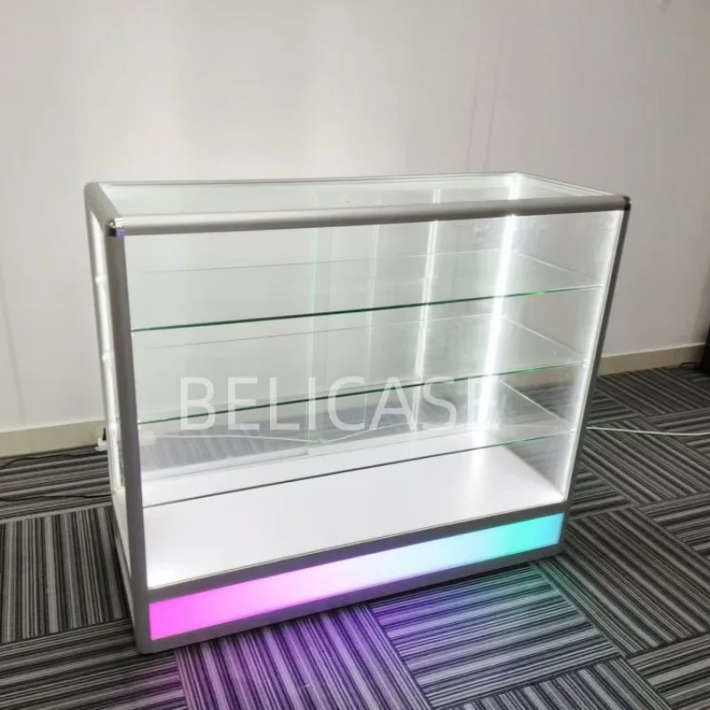 

customized.Popular Silver Round Frame Display Smoke Shop Showcase Counter Shelves Smoke Shop With Flashing Light