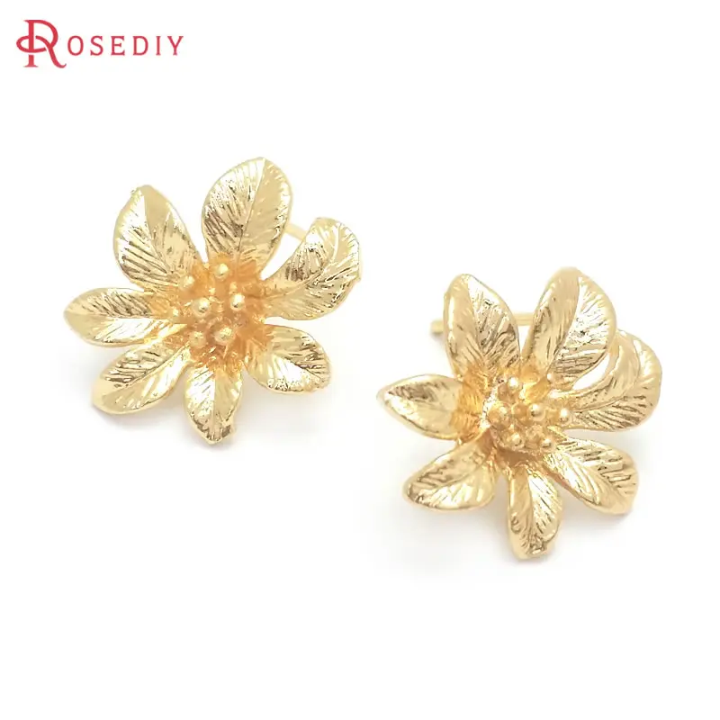 

(37661)6PCS Flower 15x17MM 24K Gold Color Brass Flower Stud Earrings Pins Jewelry Making Supplies Diy Findings Accessories