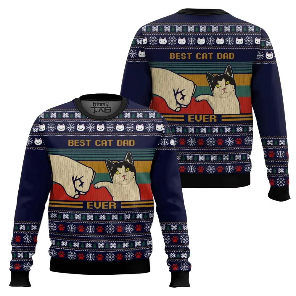 

Best Cat Dad Ever Ugly Christmas Sweater Забавный пуловер для праздничной вечеринки Теплый уютный свитер больших размеров для мужчин Папа Рождественский подарок 2026