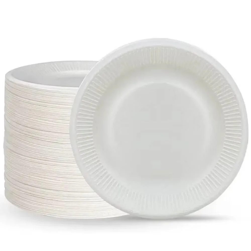 50Pcs Heat Resistant Disposable Paper Plates Eco-Friendly Round Disposable Tableware Compostable Microwavable White Paper Bowl