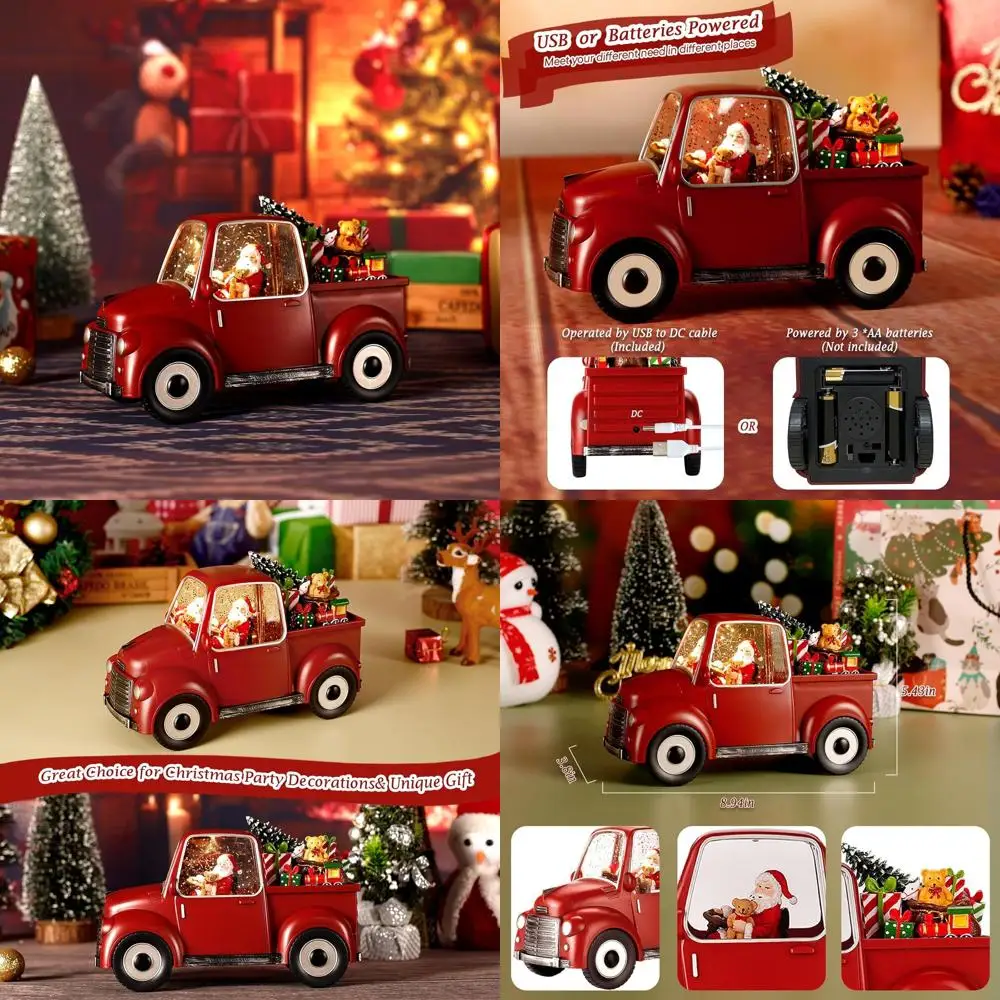 

Зачарованный снежный шар Санты: красный грузовик, рождественская елка, подарки, медведь и поезд