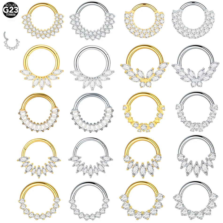 Anillo de nariz de circón de titanio para mujer, Clicker de tabique con bisagras, anillo de nariz abierto, Piercing para mujer, pendientes redondos, joyería para el cuerpo, 1 ud.