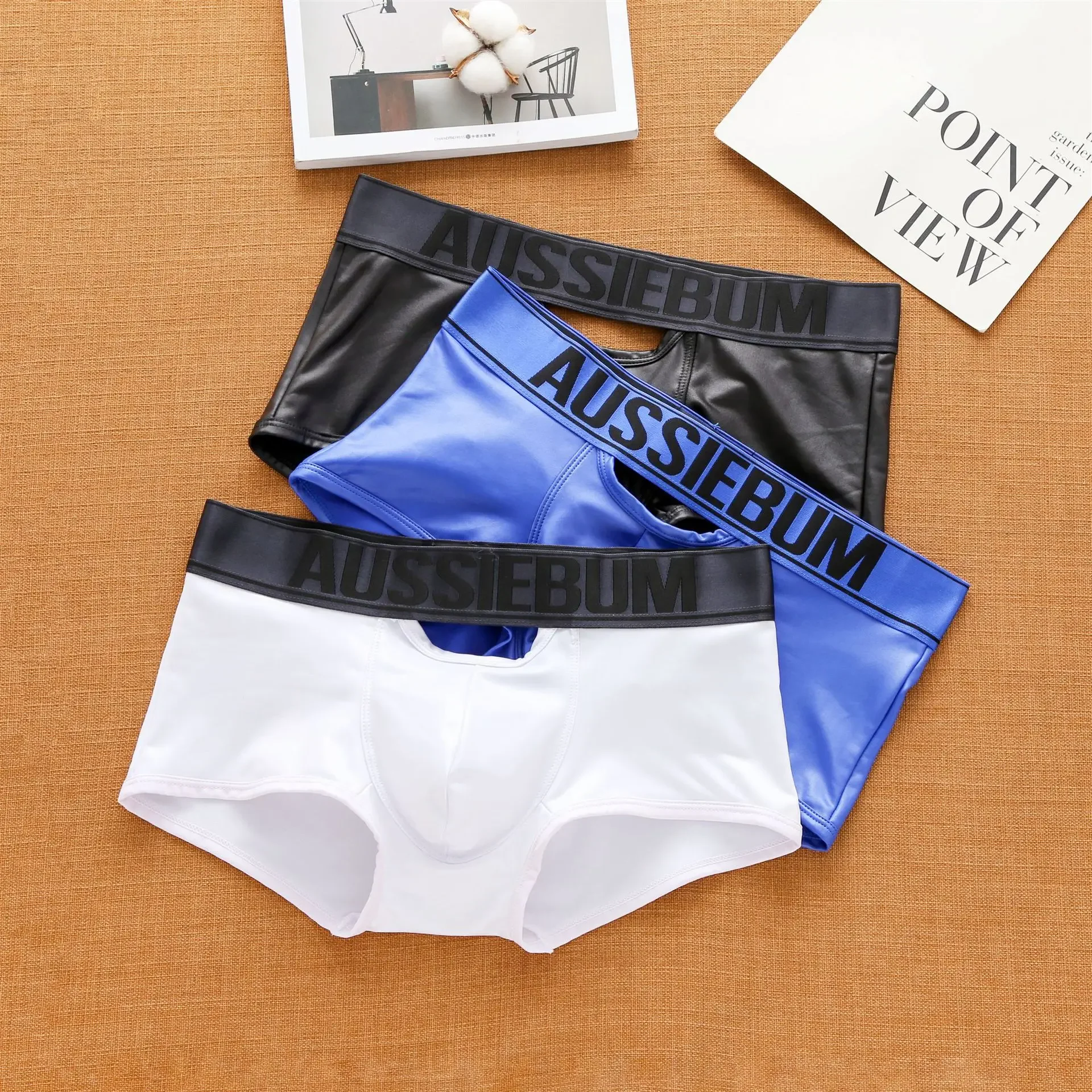 Aussiebum men's faux leather flat-angle pants youth plastic color small hollow underwear