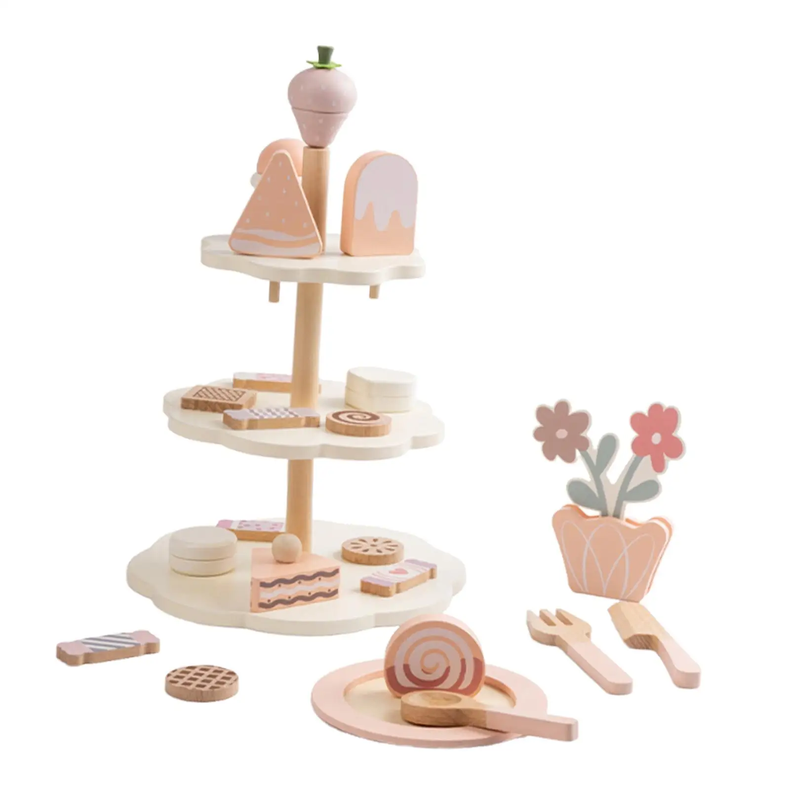 Teeparty-Set aus Holz mit Cupcake-Ständer und Essen-Set für Partys und Kinder