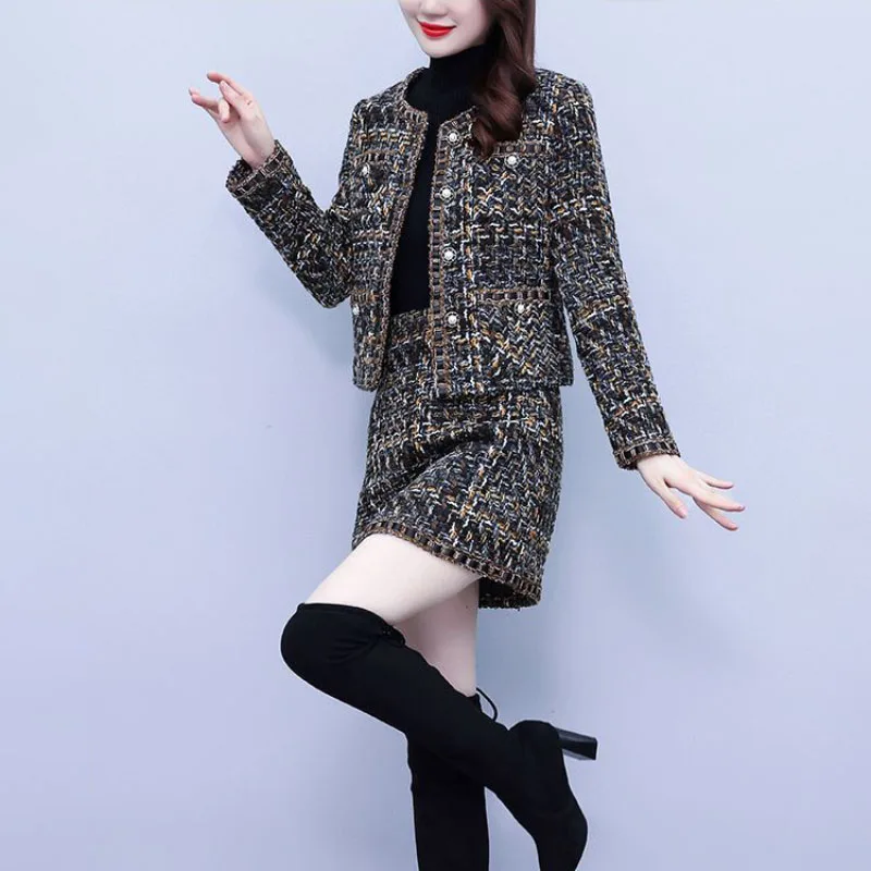 Single-Breasted Chic Tweed Coat+Skirt Women\'s Suit Spring Autumn New Korean Oversize 5XL Loose Plaid Skirt Two-Piece Suit